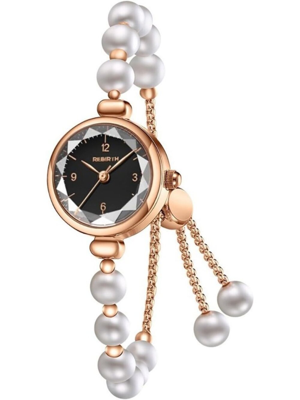 Women's Black Analog Quartz Adjustable Slider Clasp Pearl Bracelet Wrist Watch